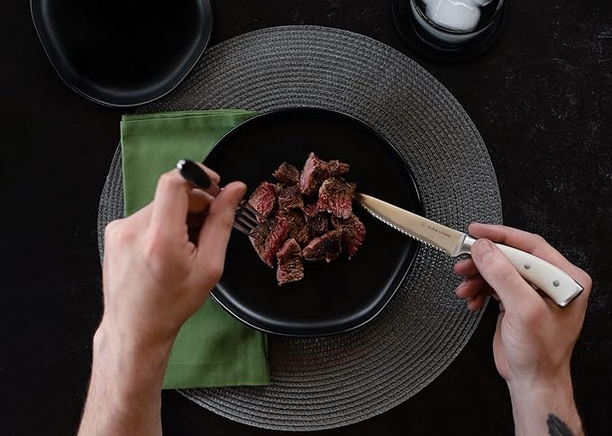 8-Piece Serrated Kitchen Steak Knife Set – Forged High Carbon Stainless Steel, Ultra Sharp, Ergonomic Black Handles, Durable Dinner Knives, Cream Handle