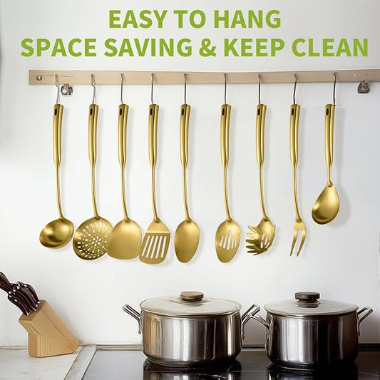 304 Stainless Steel Kitchen Cooking Utensils Set - 9 PCS Serving Utensils, Include Skimmer, Soup Ladle, Spaghetti Server, Wok Spatula, Slotted & Solid Spoon, Slotted Spatula Turner, Meat Fork (Gold）