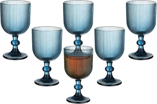 Blue Vintage Wine Glasses Set of 6, 11 Ounces Colored Glass Water Goblets, Unique Embossed Pattern High Clear Stemmed Glassware Wedding Party Bar Glass Drinking Cups Fancy Glasses Vertical Line