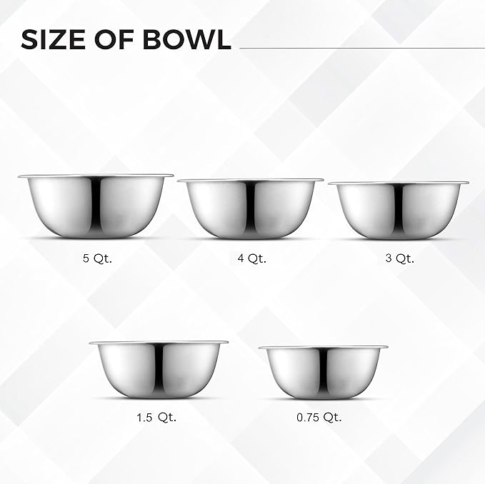 AVADOR Premium Stainless Steel Mixing Bowls, Set of 5 Brushed Stainless Steel Mixing Bowl Set, Easy To Clean, Space Saving, Great for Cooking, Baking, Prepping (5 Pc Mixing Bowl)