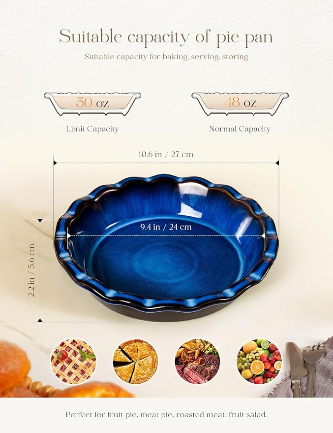 AISBUGUR Pie Pan for Baking 9 Inch Ceramic Pie Dish Quiche Baking Dish Non-Stick Dishwasher & Oven Safe (Reactive Glaze Blue)
