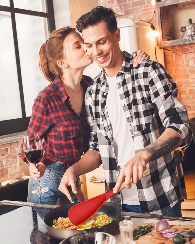 Multifunction Spatula Spoon for Nonstick Cookwares, Great for Cooking and Serving, Sturdy BPA-Free Matte Silicone, Wood Handle Spatula for Mixing, Scoop, and Scrape, Red(2 pack,11.4" & 13.4")