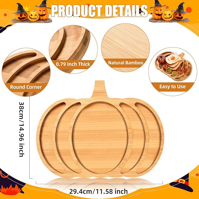 AWIZOM Pumpkin Wooden Serving Platter Thanksgiving Bamboo Serving Tray Wooden Snack Cheese Charcuterie Board Sectional Wood Halloween Dish Plate for Fall Autumn Harvest Party Supply,14.96x11.58x0.79