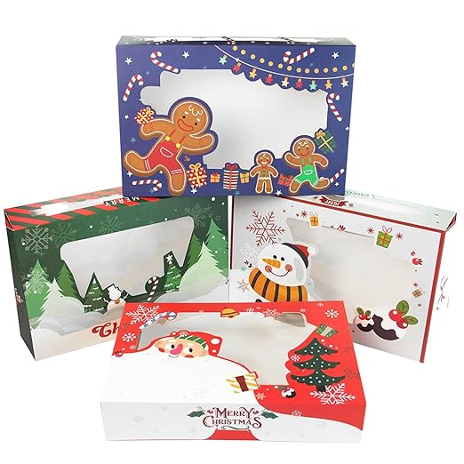 qiqee Christmas Cookie Boxes for Gift Giving 8x5.3x2 inch 36Packs Xmas Treat Box with Window Bakery Box for Donuts Candies and Biscuit