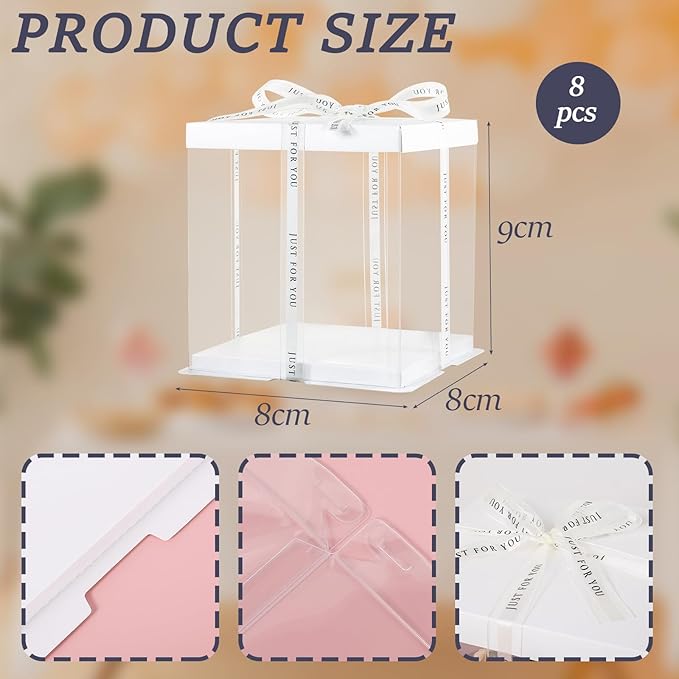 8 Packs Tall Cake Boxes with Ribbon,8x8x9 inches Bakery Boxes,White Multi-Layer Cake Containers for Birthday,Wedding, Halloween. (White, 8 * 8 * 9 inch/8pcs)