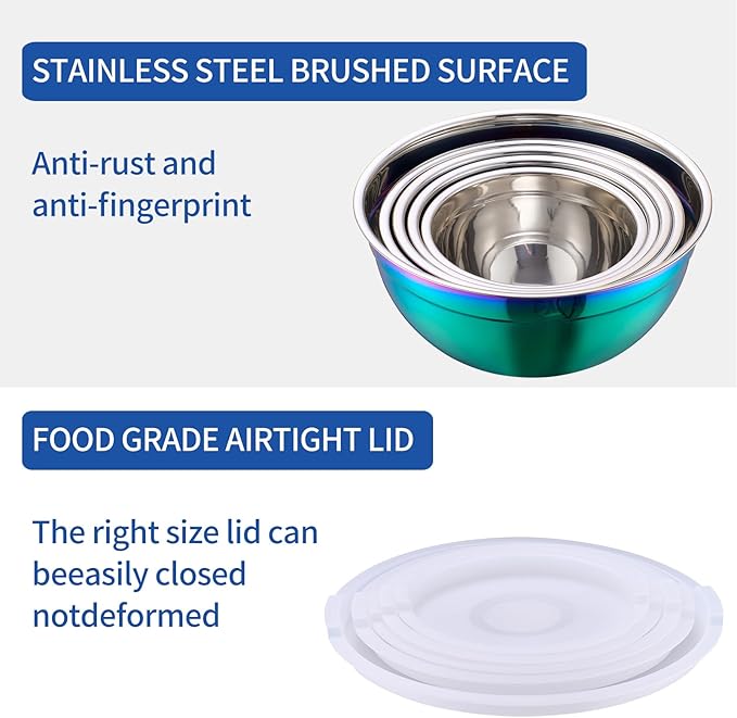 Rainbow Mixing Bowls With Airtight Lids,Stainless Steel Bowl,Salad Bowls 5 Piece Colorful Nesting Bowl Rainbow Kitchen Accessories,Size 5.5,3.6,2.7,2.1,1.5,QT Stackable Design