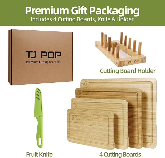 Bamboo Cutting Board Set of 4, Chopping Boards with Food Icons for Kitchen, Charcuterie Board for Meat, Vegetables, Fruits, Cheese