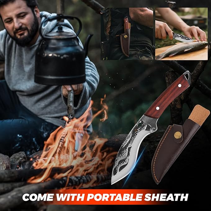 Hand-Forged Kitchen Knife, 5-Piece Professional Chef Knife Set, Outdoor, BBQ Meat Cleaver Cooking, Forged Kitchen Knives with High-Carbon Stainless Steel Cutlery and Leather Sheath.