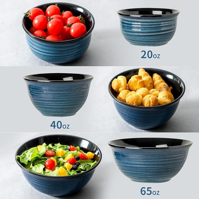 Ceramic Mixing Bowls, Tikooere Serving Bowls Set of 3 for Kitchen, Large Nesting Bowls for Cooking,Baking, Versatile Serving Dishes for Space Storage, 2.1/1.0/0.5 Qt, Dishwasher & Microwave Safe, Blue
