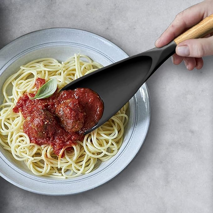 VOVOLY Cooking Spoon for Nonstick Cookingwares, Silicone Spatula Spoon for Mixing, Scoop, and Scrape, (Black-2 pack, 11.4'')