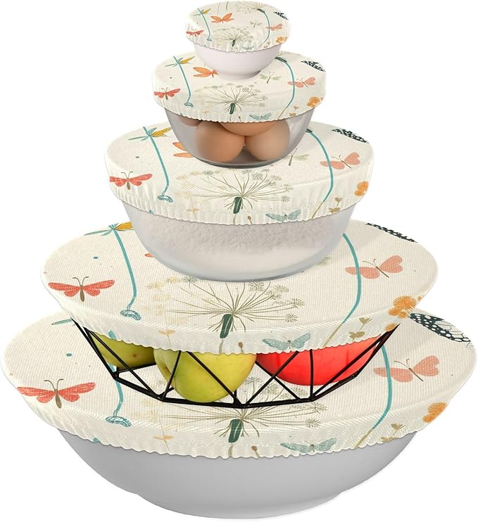5 Pcs Bowl Covers Reusable in 5 Size Elastic Food Cover Cloth Lids Fresh Keeping Dish Cookware Bakeware Fabric Covers Lids for Food Leftovers Fruits Storage Dandelion Flowers and Dragonfly