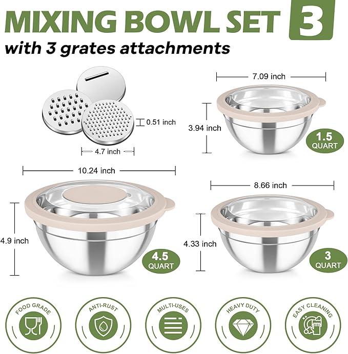 TeamFar Mixing Bowls, 3PCS Stainless Steel Serving Salad Bowls with Lids & 3 Graters, For Kitchen Mixing/Baking/Storing/Prepping, Visible & Airtight, Easy Clean - 4.5/3 / 1.5 QT, Khaki