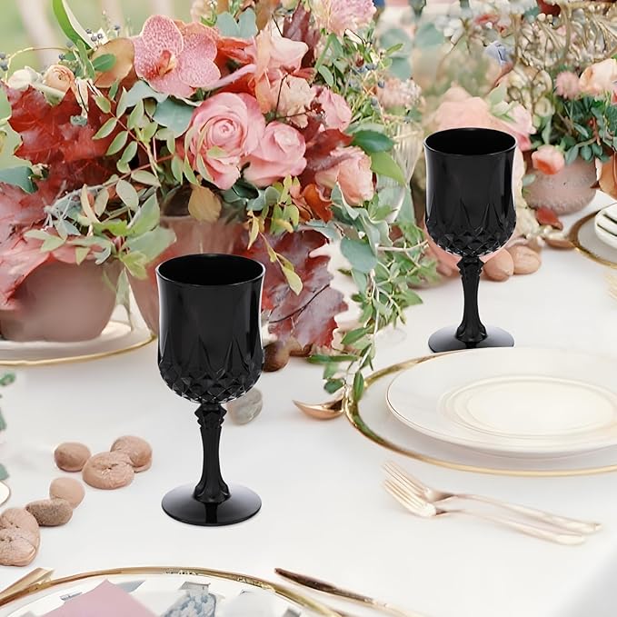 JLYLOL Plastic Vintage Wine Glasses 7OZ Plastic Goblets Vintage Drinking Glasses 12PCS Retro Wedding Glassware Water Goblets Reusable Drinking Cups for Party,Reception,Celebration,Bar,Whiskey(Black)
