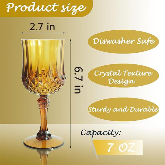 Plastic Wine Glasses，Plastic Goblets Vintage Style Cordial Drinking Glasses for Wedding Reception, Grand Event Party Supplies (24, Amber)