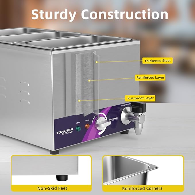 3-Pan Commercial Food Warmer with Non-Leakage Stretch-Forming Water Tank &3 of 1/3 Size GN Pan,Countertop Soup Station Bain Marie with Drain Tap for Buffet,Catering,Parties and Restaurants