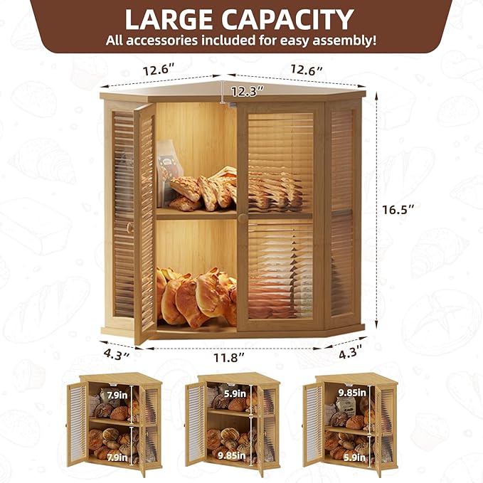 Corner bread box Bread Box for Kitchen Countertop - Corner Bread Storage Box 16.5" H, Premium Pine Wood with Glass Door, Perfect for Homemade Bread, Baguettes & Pastries (Natural)