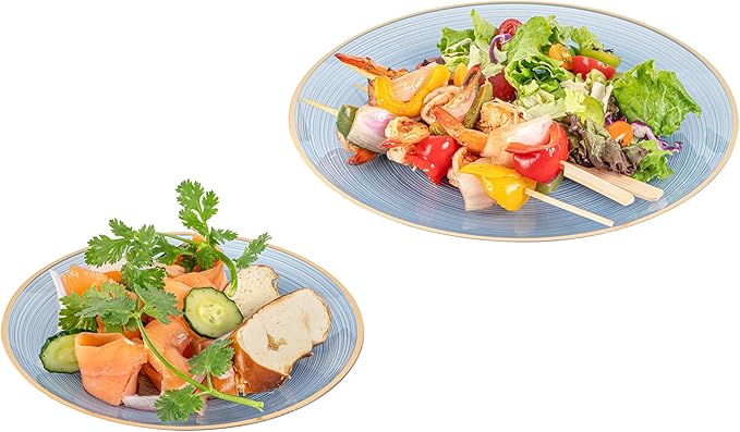 Restaurantware Plastic Plates 200 Pcs 7.13" and 10" Combo Gold Rimmed Plate Set Disposable Heavy-Duty Blue Translucent Rippled Plastic Dinner Servers for Party, Weddings, Salads, Desserts