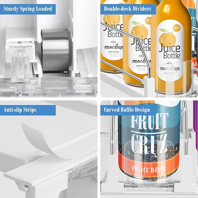 asika Drink Organizer for Fridge, Adjustable Width Soda Can Dispenser for Refrigerator Organizers and Storage, 3 Rows Beer Bottle Beverage Holder with Pusher Glide (14.96" D, White)