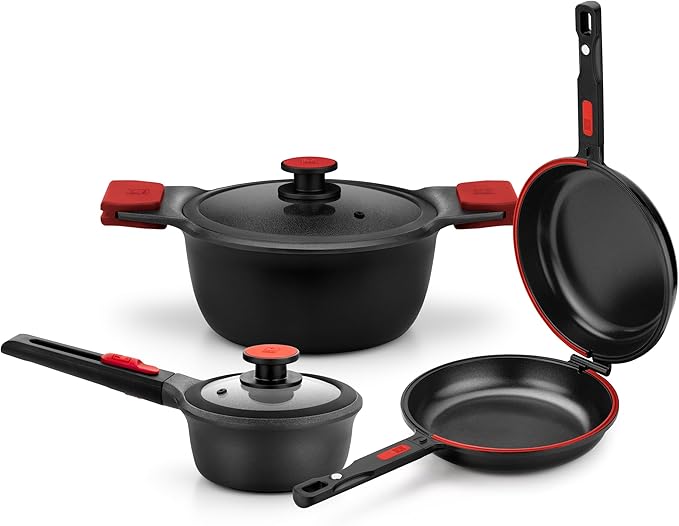 BRA COOKWARE Premiere & Infinity 6-Piece Nonstick Cookware Set | Cast Aluminum Pots & Pans Set w/ 1 Dual Skillet, 1 Pot, 1 Saucepan, 2 Lids | 3-Layer NonStick | All Stovetops | PFOA Free