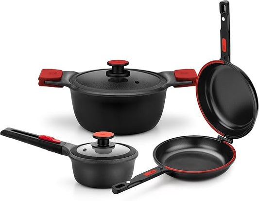 BRA COOKWARE Premiere & Infinity 6-Piece Nonstick Cookware Set | Cast Aluminum Pots & Pans Set w/ 1 Dual Skillet, 1 Pot, 1 Saucepan, 2 Lids | 3-Layer NonStick | All Stovetops | PFOA Free