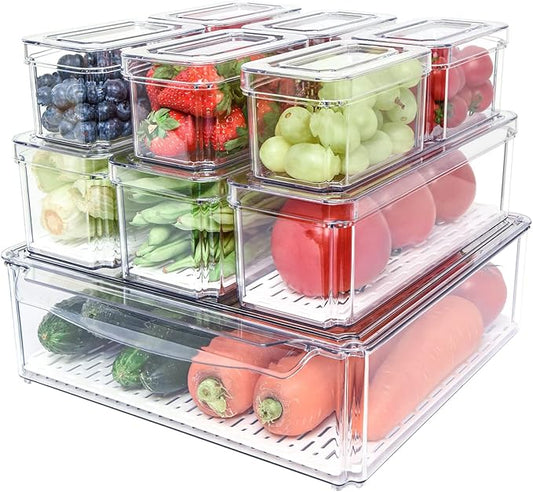 Pomeat 10 Pack Fridge Organizer, Stackable Refrigerator Bins with Lids, BPA-Free Produce Fruit Storage Containers for Fridge, Clear for Food, Drinks, Vegetable
