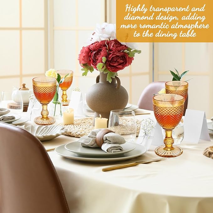 Bokon 12 Pack Amber Glass Goblets Set 10 oz High Clear Wine Glass Vintage Water Goblets Cups Embossed Diamond Design Glassware with Stem for Drinking Juice Liquor Party Wedding Bar