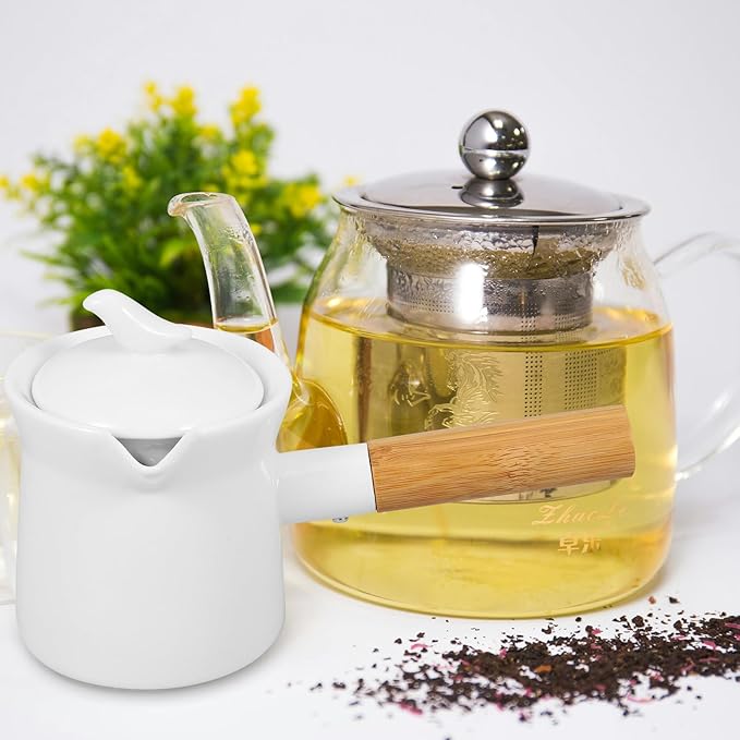 Ciieeo Enamel Milk Pot 350ml Mini Butter Warmer Non-stick Milk Heating Pot Small Enamelware Saucepan with Wood Handle and Lid for Heating Liquid Portions White