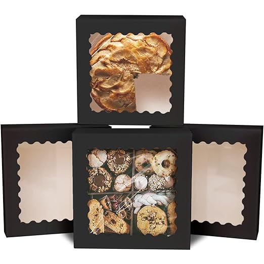 qiqee Auto-pop Up Black Pie Boxes with Window 10x10x2.5 inch 20Packs Cookie Donut Bakery Box