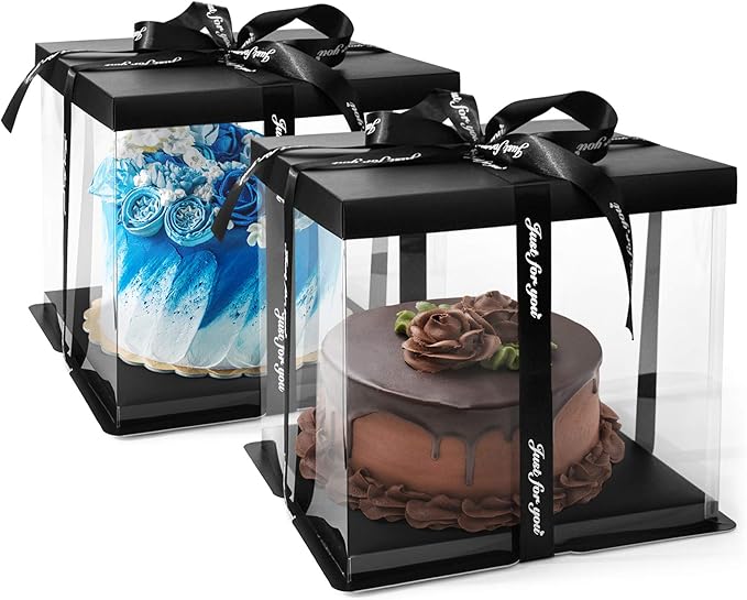 Clear Cake Box, 2-Pack Cake Carrier Container 10" X 10" X 9" with Ribbon Transparent Boxes with Lid Gift Package for Birthday Wedding Party, Black