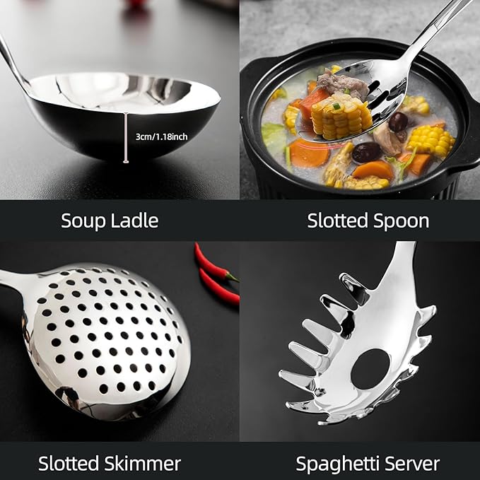18/8 Stainless Steel Cooking Utensil set, 8 Pieces Metal Kitchen Utensils set, Slotted Spoon,Meat Fork,Ladle,Skimmer Spoon,Spatula,Spaghetti Server,Large Spoon,Masher (Dishwasher Safe, Silver)