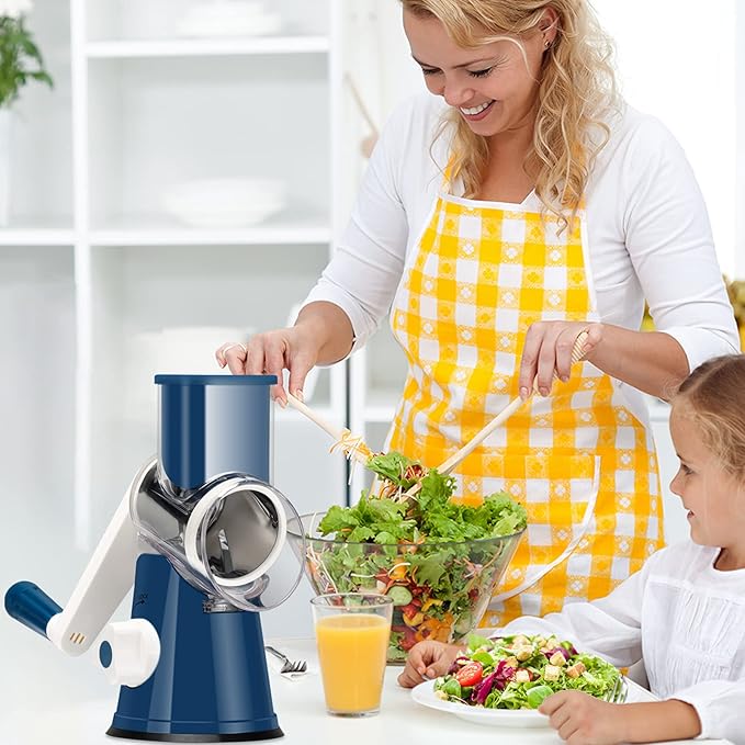 Ourokhome Rotary Cheese Grater Hand Crank, Kitchen Shredder Speed Mandolin Slicer Nut Grinder with Handle and Drum Blades for Cheese, Vegetable, Walnut, Chocolate, Potato, Carrot, 3 Blades, Dark Blue