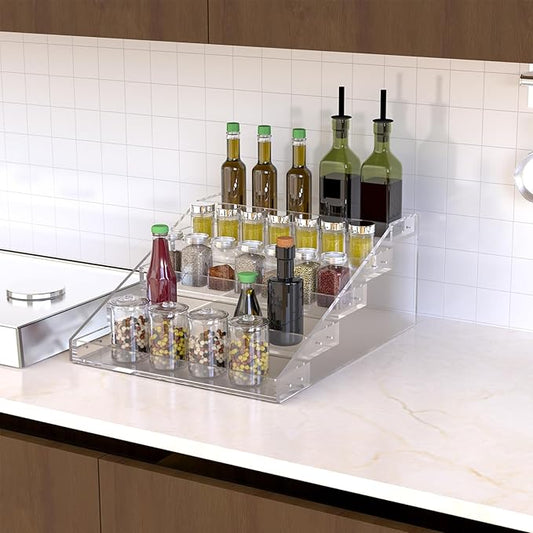 PMMASTO Widen Tiered Spice Rack, Seasoning Organizer, Clear Acrylic Vertical Shelves Can Organizer for Countertop, Cabinet, Pantry, Kitchen Organization and Storage - 5 Tier