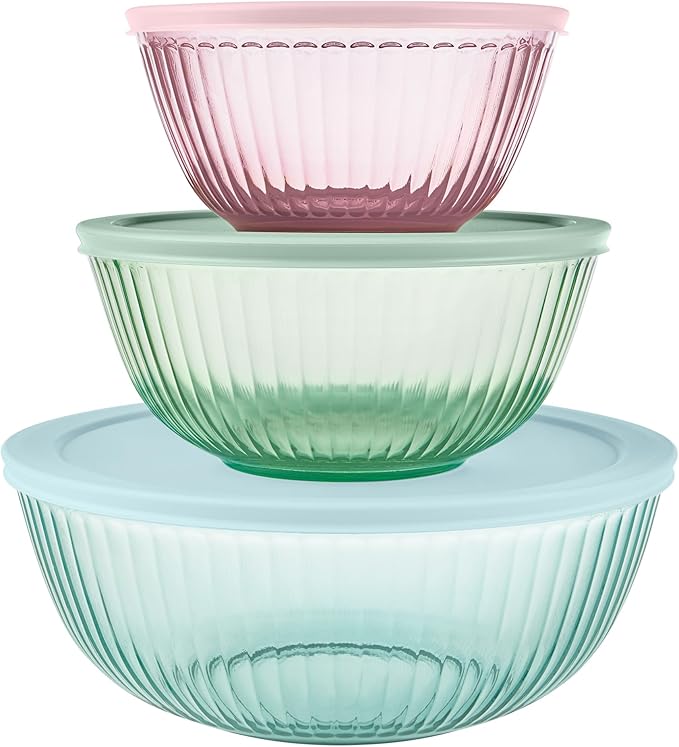 Pyrex Colors Tinted (3-Pack, Full Set) Sculpted Tinted Glass Mixing Bowls With Lids, Nesting Space Saving Set of Bowls For Prepping and Baking, 1.3QT, 2.3QT & 4.5Q, Aqua