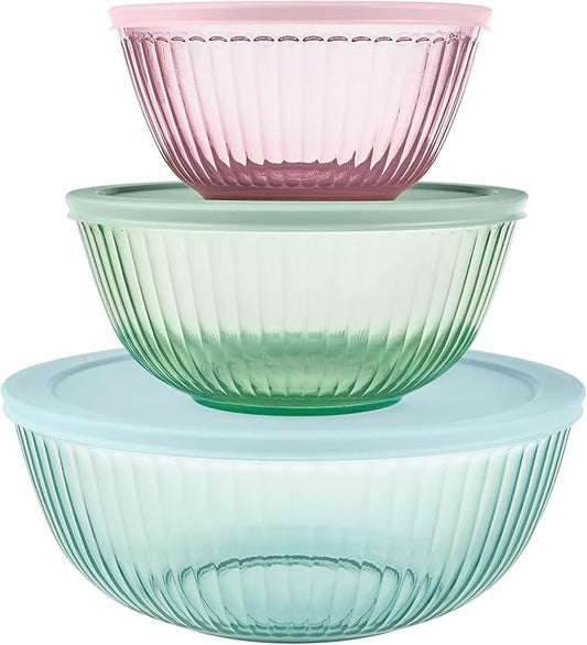 Pyrex Colors Tinted (3-Pack, Full Set) Sculpted Tinted Glass Mixing Bowls With Lids, Nesting Space Saving Set of Bowls For Prepping and Baking, 1.3QT, 2.3QT & 4.5Q, Aqua