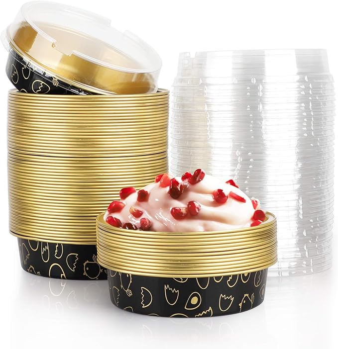 Beasea Mini Tart Pans 50 Pack, 4 Inch Disposable Pie Tins with Lids, Black Gold Aluminum Pie Pan Cartoon Tin Tart Pans Round Oven Baking Mini Cake Pan for Pie Tart Quiche