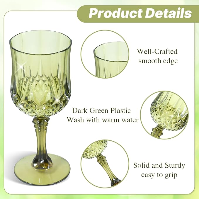 24 Pcs Plastic Green Wine Drinking Glasses, Plastic Water Goblets Green Vintage Reusable Drinkware Vintage Champagne glassware for Wedding Reception Grand Event Party, 7oz
