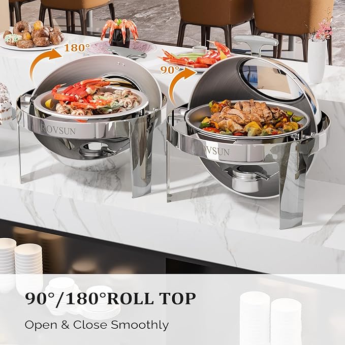 ROVSUN 6 Quart Round Roll Top Chafing Dish Buffet Set, Stainless Steel Chafer for Catering, Food Warmer with Glass Window for Party Wedding Banquet Graduation Event,Silver