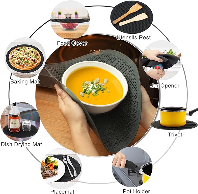 4 in 1,WENWELL 2 Microwave Splatter Cover & 2 Mat,Cooking Splash Guard with Handle,Kitchen dish bowl Plate Proof Food lid & Silicone Round mat,Home Apartment Essential