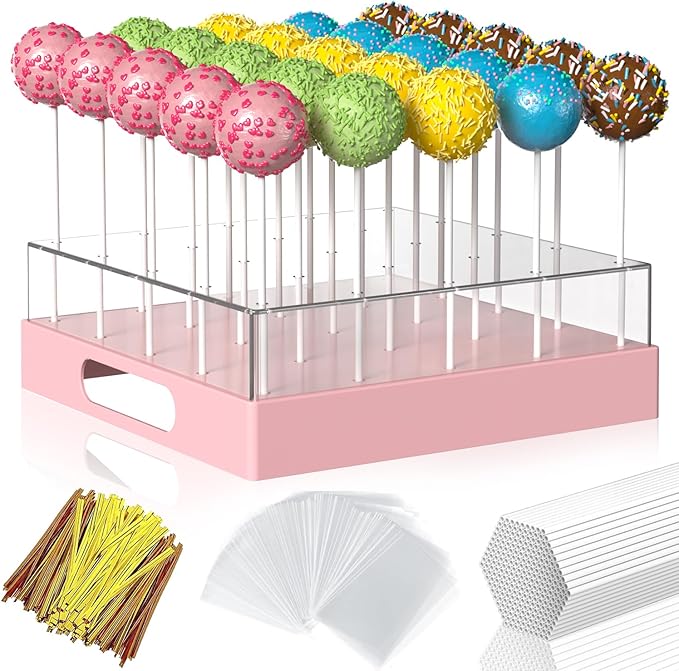 Cake Pop Stand,25 Holes Clear Cake Pops Display Holder,Cake Pop Sticks Kit, Candy Pop Holder,cake pop mold for Party,Wedding,Birthday(Pink,1-Pack)