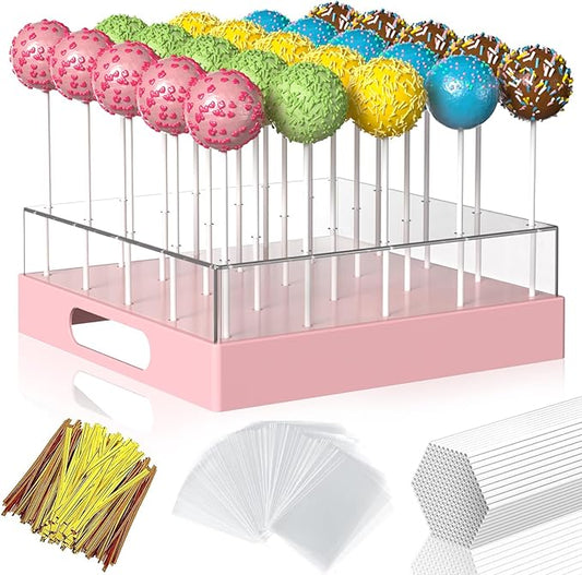 Cake Pop Stand,25 Holes Clear Cake Pops Display Holder,Cake Pop Sticks Kit, Candy Pop Holder,cake pop mold for Party,Wedding,Birthday(Pink,1-Pack)