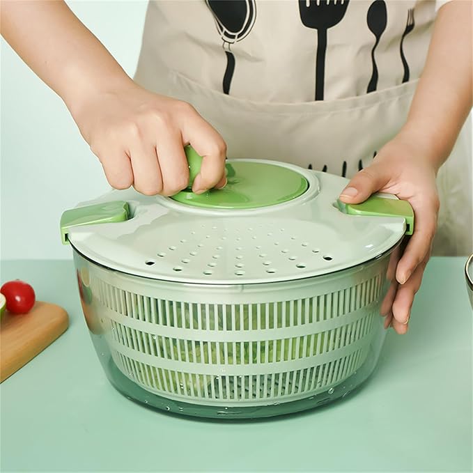 Salad Spinner With Drain, Vegetable Dryer, Rotary Veggie Washer, Kitchen Tool, Fruit Washer, Pasta and Fries Spinner, Hand Dehydrator Green