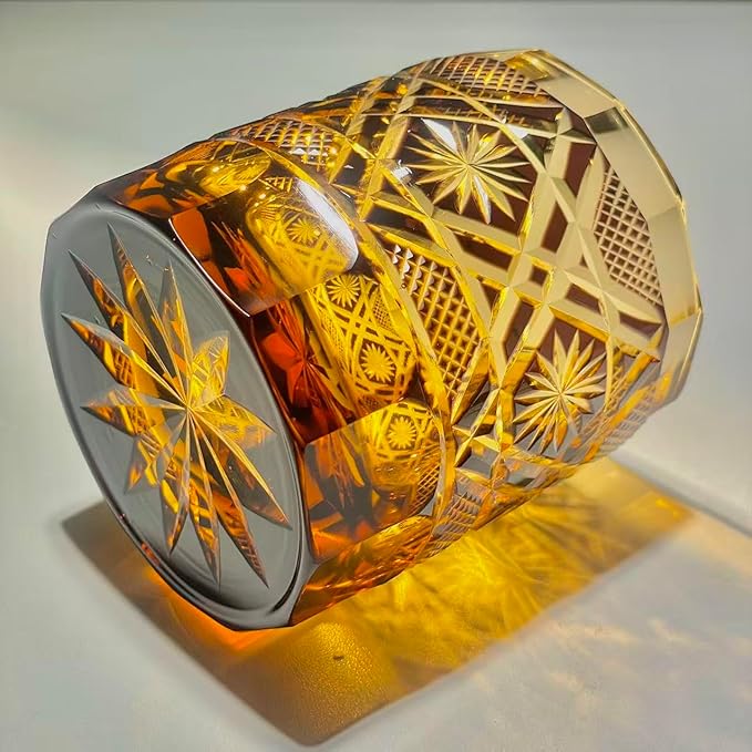 suigetsu Japanese Crystal Whiskey Glass, Cut Crystal Pattern, Luxury Cocktail Glassware (Red Gold Amber)