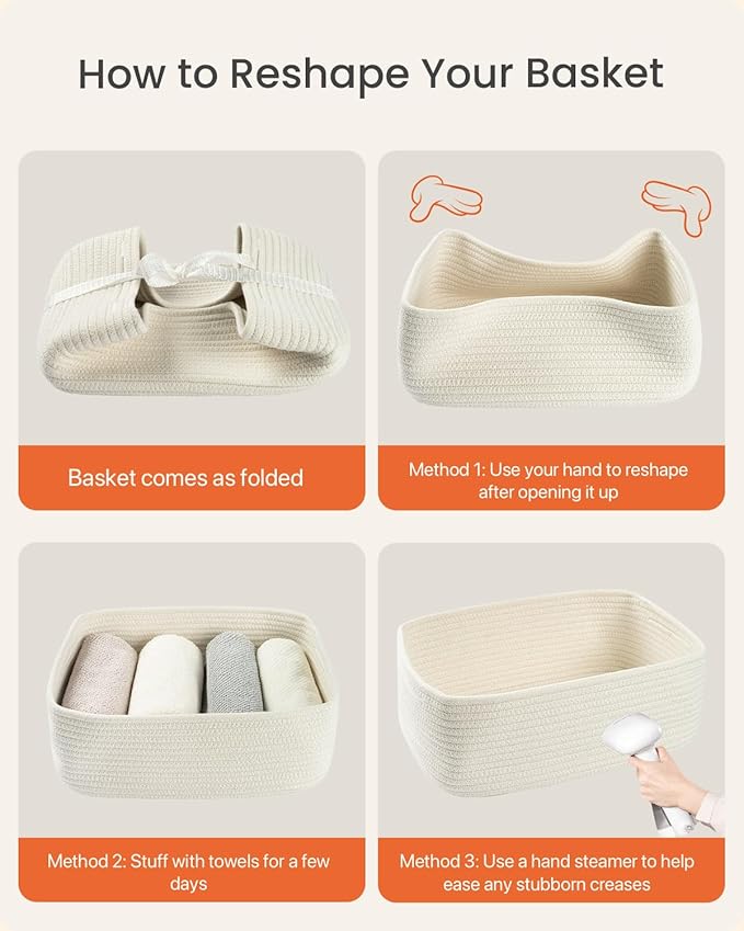 Small Woven Basket, 13.5 x 9.5 x 5 Inches, Storage Basket for Organizing, Cute Small Rope Shelf Closet Cube Storage Bins Baskets for Shelves, Dog Toy Gift Baskets Empty, 3 Packs, Off White