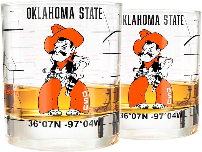 Greenline Goods – Oklahoma State University Cowboys College Whiskey Glasses (Set of 2), 10 oz – Full-Color Logo + Campus Map