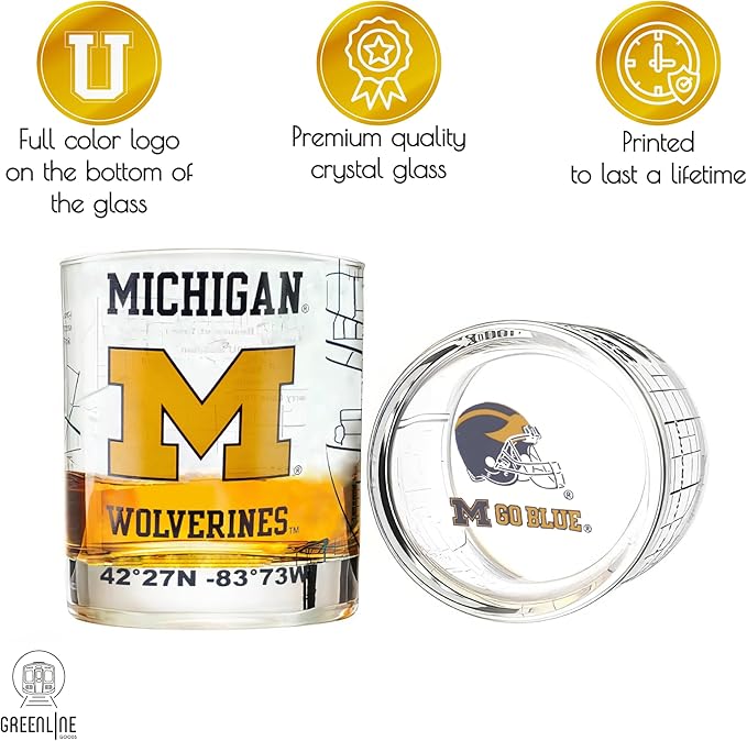 Greenline Goods – University of Michigan Wolverines College Whiskey Glasses (Set of 2), 10 oz – Full‑Color Logo + Campus Map