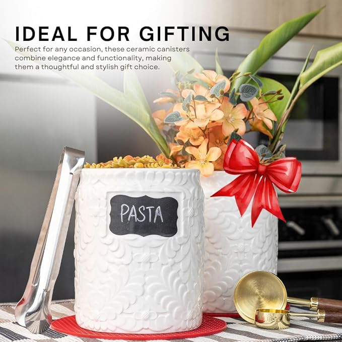 Ceramic Canister Set for the Kitchen Set of 2 - 94/52 Oz - Food Storage Containers, Airtight Bamboo Lid, Decorative Flour Sugar Coffee Canister, Food Container for Coffee, Flour, Sugar, Cookie Jar