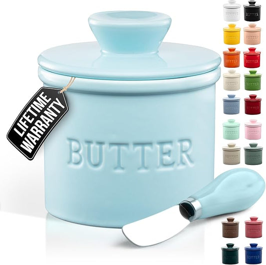 Zulay Kitchen Porcelain Butter Crock With Lid & Knife - Authentic French Butter Dish For Fresh & Spreadable Butter - Light Blue