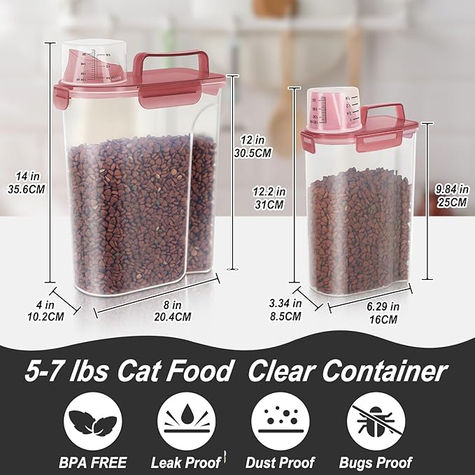 2Pack Cat Dog Food Storage Container with Upgraded Large Nozzle BPA-free, 3+5lbs Plastic Pet Food Containers with 4 Sealed Clasps/1 Measuring Cup/Handle Easy to Clean and Carry (Clear Pink)