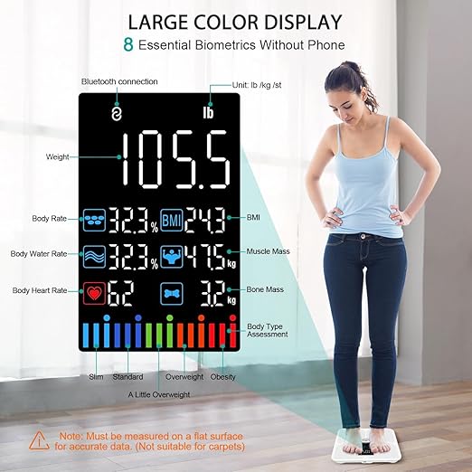 ABLEGRID Body Fat Scale,Digital Smart Bathroom Scale for Body Weight, Large Color Display Screen, 16 Body Composition Metrics BMI, Water Weigh, Heart Rate, Baby Mode, 400lb, Rechargeable (White)