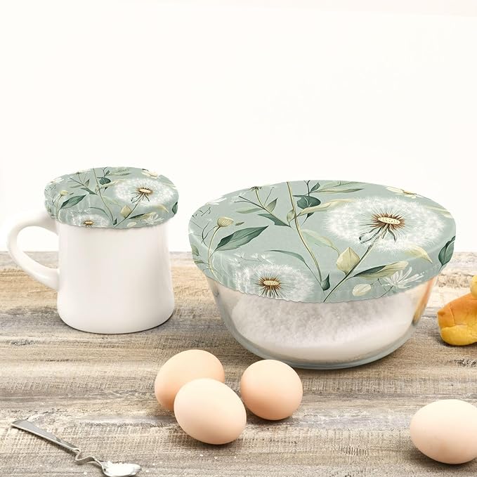 5 Pcs Bowl Covers Reusable in 5 Size Elastic Food Cover Cloth Lids Fresh Keeping Dish Cookware Bakeware Fabric Covers Lids for Food Leftovers Fruits Storage Sage Green Dandelion